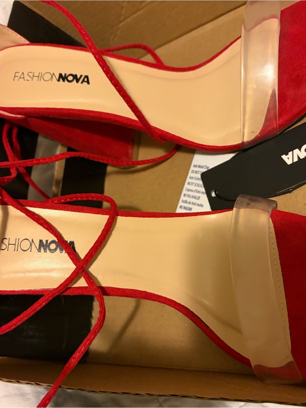 Fashion Nova Red Lace-Up Clear Toe Block Heels